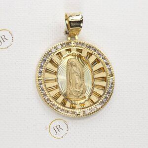 14K Solid Gold Round Virgin Mary Pendant · Guadalupe Medallion with White CZ.